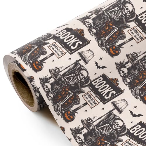 WRAPAHOLIC Kraft Halloween Skeleton Reading Wrapping Paper Roll - Mini Roll - 17 Inch x 16.5 Feet - Vintage Gothic Kraft Wrapping Paper for Halloween, Party, Birthday, Holiday
