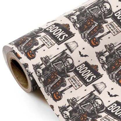WRAPAHOLIC Kraft Halloween Skeleton Reading Wrapping Paper Roll - Mini Roll - 17 Inch x 16.5 Feet - Vintage Gothic Kraft Wrapping Paper for Halloween, Party, Birthday, Holiday