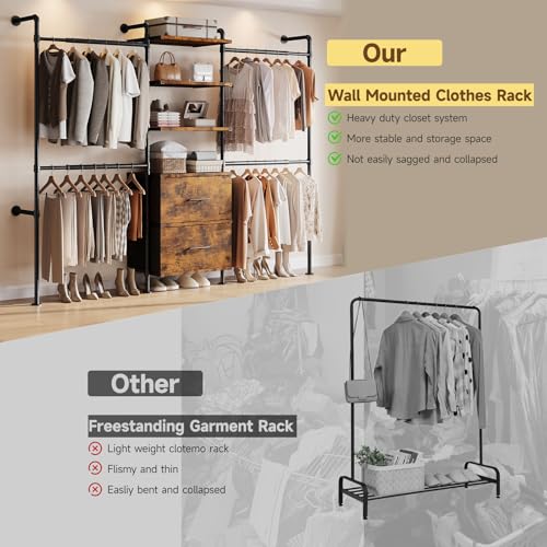 ONBRILL T3 Wall Mounted Industrial Pipe Closet Organizers Storage System - color: Rustic Brown