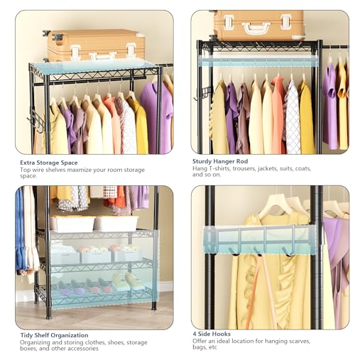 Heavy Duty Closet Garment Rack, Metal Clothes Racks Wardrobe with Shelf - color: Black