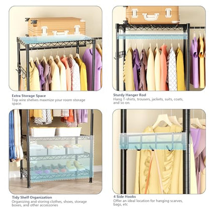 Heavy Duty Closet Garment Rack, Metal Clothes Racks Wardrobe with Shelf - color: Black
