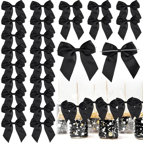4.5" Small Twist Tie Black Satin Ribbon Gift Wrap Bows 24 Counts - color: Black