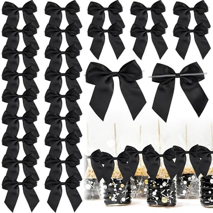 4.5" Small Twist Tie Black Satin Ribbon Gift Wrap Bows 24 Counts - color: Black