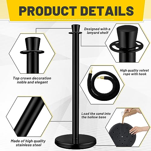 Wesiti 6 Pcs Stainless Steel Stanchion Post Queue with Crown Top 5 ft and 3 Pcs Velvet Rope and Poles Crowd Control Barriers Sand Injection Hollow Base and Velvet Ropes Set for Party (Black) - color: Black