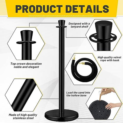 Wesiti 6 Pcs Stainless Steel Stanchion Post Queue with Crown Top 5 ft and 3 Pcs Velvet Rope and Poles Crowd Control Barriers Sand Injection Hollow Base and Velvet Ropes Set for Party (Black) - color: Black