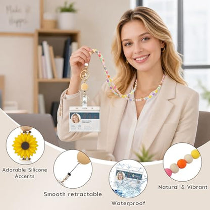 Retractable Lanyard for ID Badges and Keys, Beaded Teacher Lanyard for Women, Nurse Badge Lanyard with ID Holder - color: Yellow Daisy