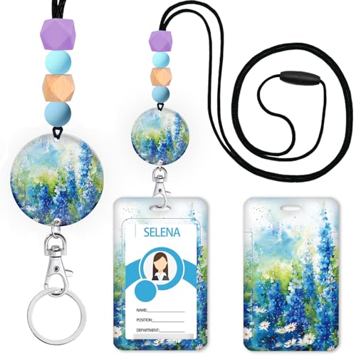 Teacher Lanyard for ID Badge,Breakaway Handmade Blue Daisy Flower - color: Blue Daisy Flower