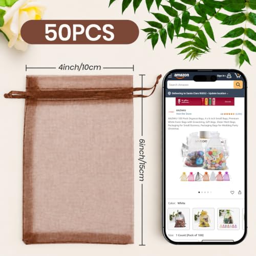 ANZNKU 4x6 Inch Organza Bags 50Pcs, Brown Party Favor Gift Pouches - color: Brown