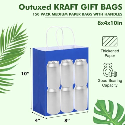 OUTUXED 150pcs Blue Paper Bags with Handles, 8x4x10 Gift Bags with Handles - color: Blue 8x4x10in, size: 1 Count (Pack of 150)