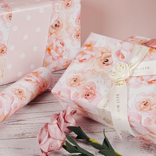Floral Wrapping Paper Roll, Reversible Pink Wrapping Paper for Women Girls, Pink Rose White Polka Dot Design, Flower Gift Wrap Paper for Birthday Wedding Baby Shower Bridal Shower, 17Inch x 33Feet - color: Pink