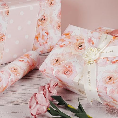 Floral Wrapping Paper Roll, Reversible Pink Wrapping Paper for Women Girls, Pink Rose White Polka Dot Design, Flower Gift Wrap Paper for Birthday Wedding Baby Shower Bridal Shower, 17Inch x 33Feet - color: Pink
