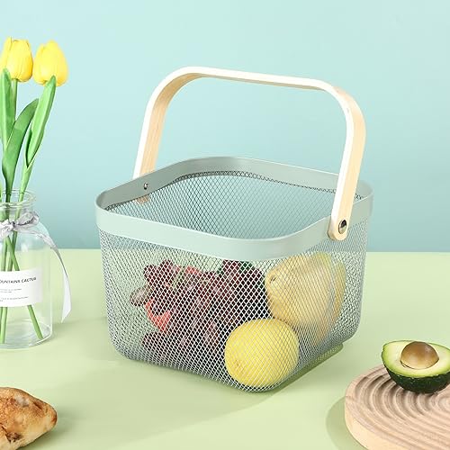 AJIODA Metal Mesh Steel Basket, Storage Organizer Basket Multi-functional Hanging Kitchen Basket Fruit Basket Bin with Bamboo Handle, 9.84 x 10.2 x 7 inch, Mint Green - color: Mint Green