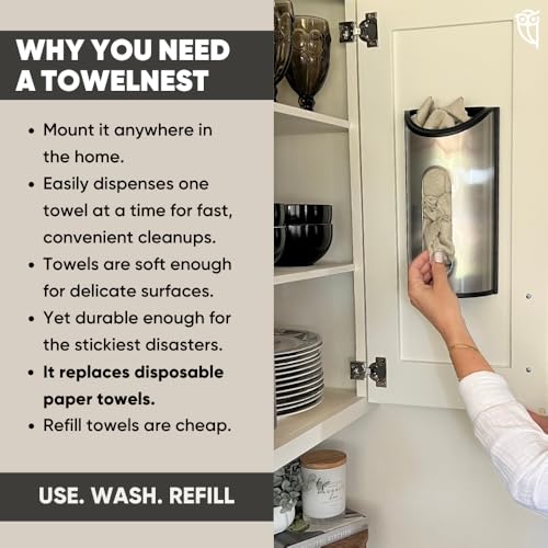 TowelNest Microfiber Cloth Dispenser | 15 Reusable Cloths (Beige) | Eco-Friendly Paper Towel Alternative | Absorbent & Washable | Wall/Cabinet Mount (3M Adhesive & Screws Included) - color: Beige, size: Dispenser + 15 Cloths