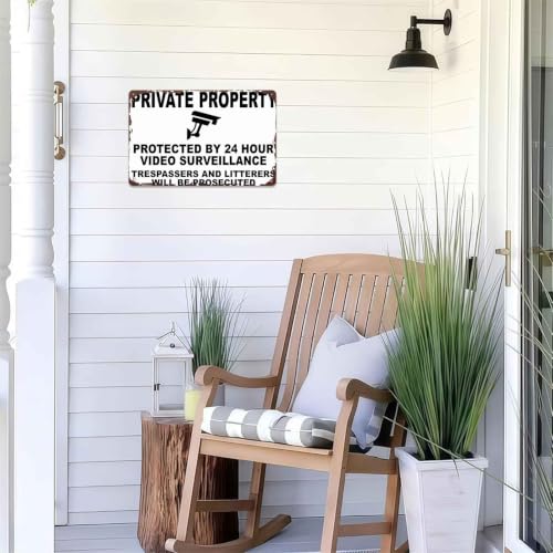 Private Property Protected By 24 Hour Video Surveillance Metal Sign 8x12 Inch, Funny Aluminum Wall Decor for Home Garden Farm Yard Warehouse Office Front Door Gate Wall Decor