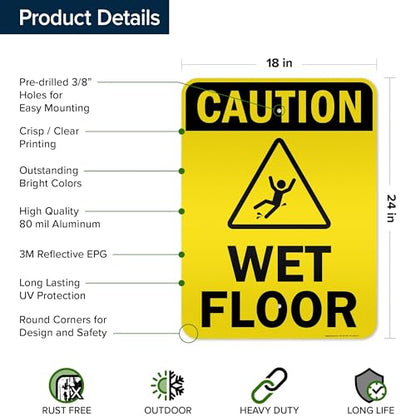 Caution Wet Floor Sign, 18x24 Inches, 3M EGP Reflective .080 Aluminum, Fade Resistant, Made in USA by My Sign Center - size: 18x24 Reflective Aluminum