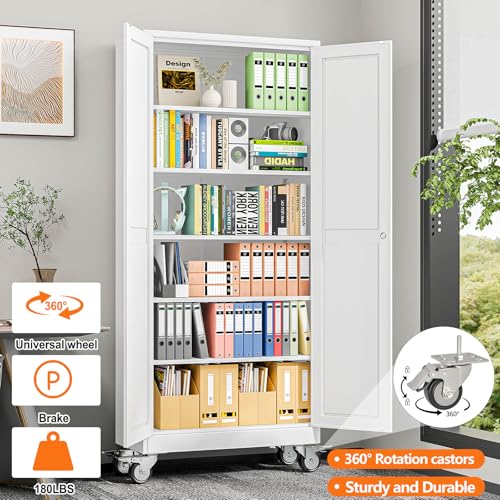 pozdeg 75" White Lockable Rolling Metal Garage Storage Cabinet - color: White, size: 15.75"D x 31.5"W x 75"H