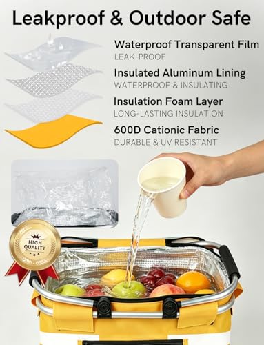 26L Insulated Picnic Basket,Collapsible Leak-Proof Bag,Yellow - color: Sunshine Yellow, size: 26L