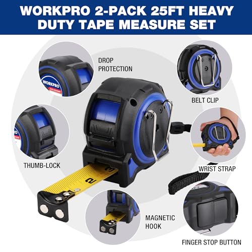 WORKPRO Heavy Duty Tape Measure, 2 Pcs 25FT Retractable Tape Measurement - color: Blue, size: 25FT