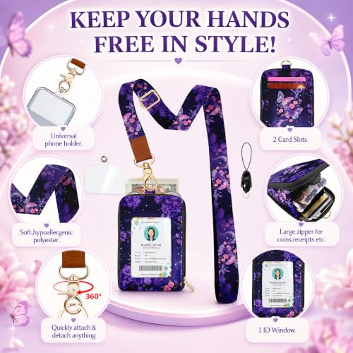 Lightweight ID Badge Holder with Lanyard Card Holder, RFID Wallet Lanyard - color: Purple Butterfly