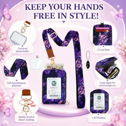 Lightweight ID Badge Holder with Lanyard Card Holder, RFID Wallet Lanyard - color: Purple Butterfly