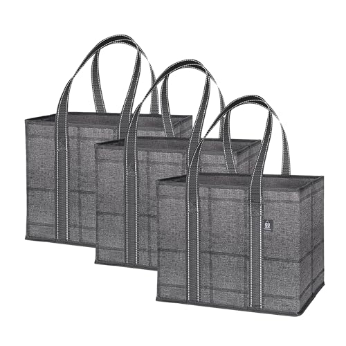 VENO 4-Pack Reusable Grocery Bag, Heavy Duty Shopping Bag, Shopping Cart Organizer, Foldable Grocery Tote Bag with Reinforced Hard Bottom - color: Windowpane, size: 3 Pack - 6 Gallon