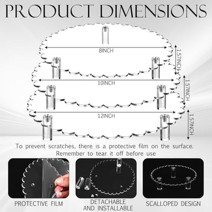 Lineshading 3 Pcs Round Acrylic Riser, Clear Scalloped Display Stands - size: 6'',8'',10'', style: Scalloped