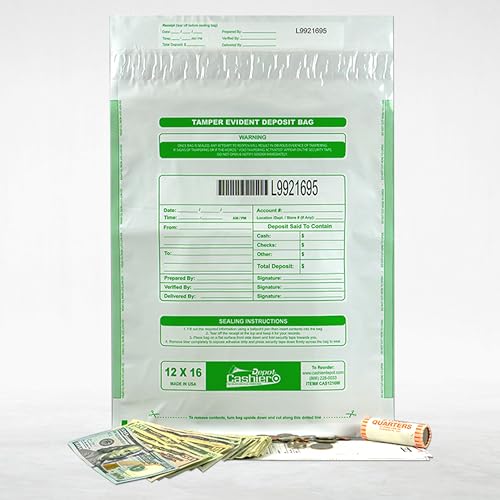 100 Cashier Depot - Tamper Evident Bank Deposit Bags, 12 x 16 Inches, White, 100 Count, Press & Seal Void Closure, Serialized Numbering with Barcode, Made in USA