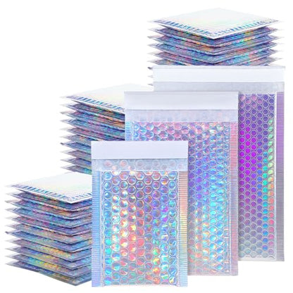 50 Pack Bubble Mailers, Holographic Bubble Mailers with 3 Sizes, Waterproof Self Seal Adhesive Foil Glitter Glamour Shipping Bags for Mailing, Packing, Small Business, Jewelry Makeup Supplies