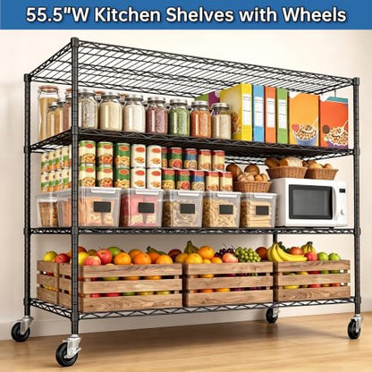 Heavy Duty Garage Shelving with Wheels: 55.5" W x 24" D x 81" H 4 Tier Wire Metal Storage Shelves, Adjustable NSF Commercial Shelf, Rolling Tote Rack Organizer for Pantry, Warehouse, Black - size: 55.5"W x 24"D x 81"H