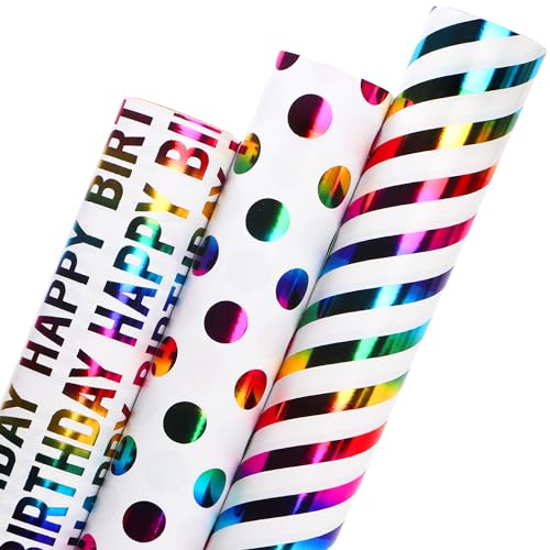 Ribbli Birthday Wrapping Paper Iridescent Gift Wrapping Paper Mini Roll, 3 Rolls Happy Birthday Polka Dots Stripes Printed Assortment - 17 inch x 120 inch(10feet) Per Roll - color: Iridescent