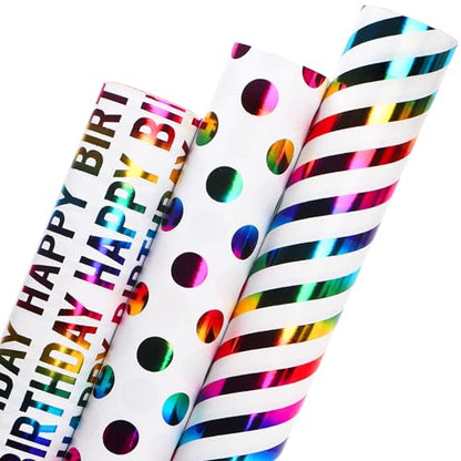 Ribbli Birthday Wrapping Paper Iridescent Gift Wrapping Paper Mini Roll, 3 Rolls Happy Birthday Polka Dots Stripes Printed Assortment - 17 inch x 120 inch(10feet) Per Roll - color: Iridescent