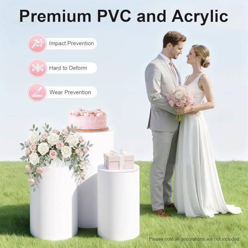 Cylinder Pedestal Stands for Party, 3Pcs White Cylinder Stands 24"-35" Tall, Cake Stand for Wedding Birthday Party Display, Heavy Duty PVC Acrylic Pillars 13"-15.8" Diameter