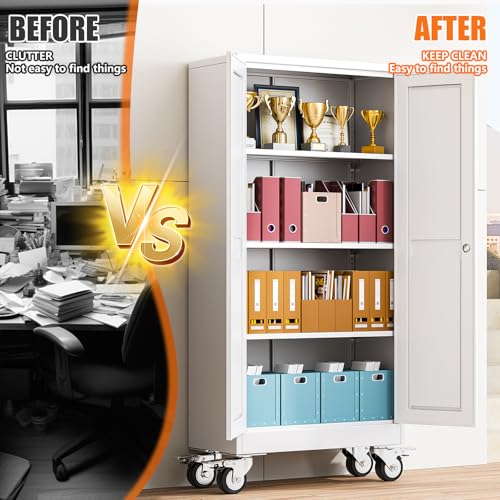 pozdeg 61" White Lockable Rolling Metal Garage Storage Cabinet - color: White, size: 13.78"D x 27.56"W x 61"H