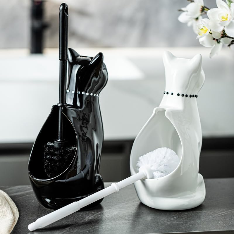 Comeon Ceramic Cat White Toilet Brush and Holder Set with Plastic Handle - color: White, size: Cat