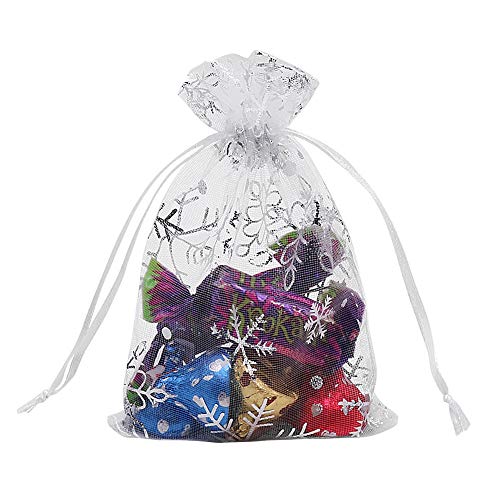 HRX Package 100pcs Snowflake Organza Gift Bags Christmas 4x6 inch, Small White Mesh Jewelry Pouches Little Drawstring Candy Bags - color: White-Snowflake