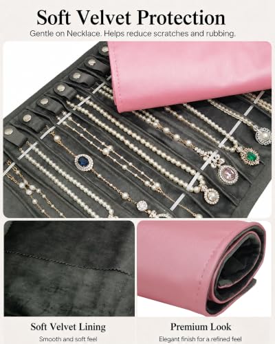 Travel Necklace Organizer, Tangle Free Jewelry Case, 16 Slots - color: Pink PU and gray velvet