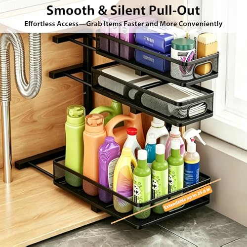 2 Pack Under Sink Organizer, 3-Tier Pull Out Cabinet Organizer and Storage - color: 3-Tier-Black