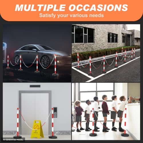 6 Pack Traffic Delineator Post Cones with Fillable Base & 5Ft Chain - color: Red+White