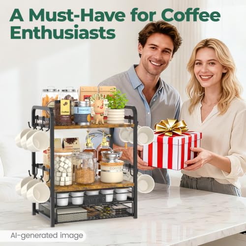 EsLuker.ly Coffee Bar Organizer Station Shelf Mug Holder for Countertop - color: Black+Brown+Brown