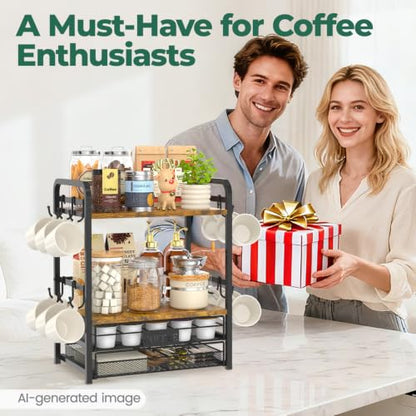EsLuker.ly Coffee Bar Organizer Station Shelf Mug Holder for Countertop - color: Black+Brown+Brown