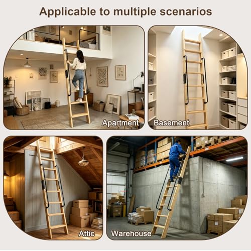 9.8FT Solid Wood Rolling Library Ladder, Industrial Style Loft Ladder with Double Handrails, 9 Steps Attic Ladder, 660LBS High Capacity, for Attic, Warehouse, Library, Bookshelf, Kitchen (9.8ft) - size: 9.8ft
