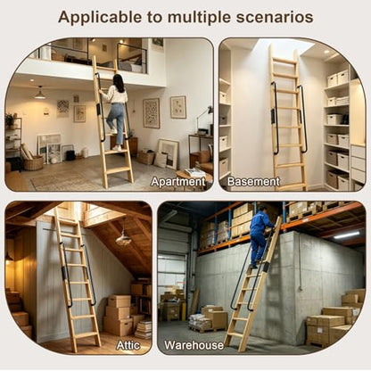 8.8FT Solid Wood Rolling Library Ladder, Industrial Style Loft Ladder with Double Handrails, 8 Steps Attic Ladder, 660LBS High Capacity, for Attic, Warehouse, Library, Bookshelf, Kitchen (8.8ft) - size: 8.8ft