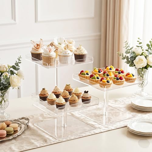 3 Pcs Clear Acrylic Dessert Stand Set, 3 Sizes Cupcake Display Stands for Wedding Birthday Party, Treats Buffet Risers for Cupcakes Cake Pastry Food