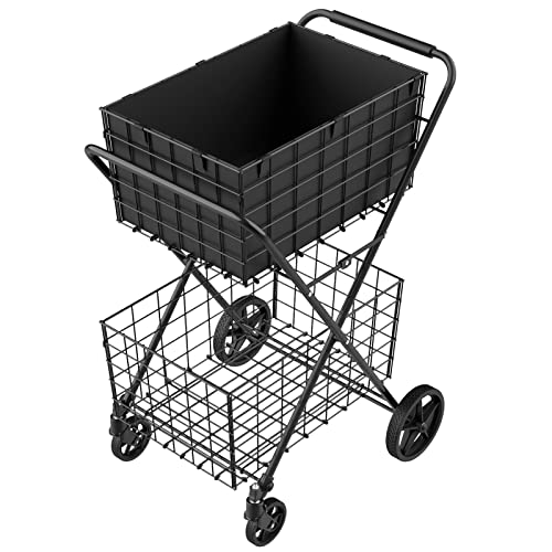 𝐍𝐄𝐖 2-Tier Large Collapsible Grocery Cart On Wheels 400lbs Shopping Cart - size: Extra Large