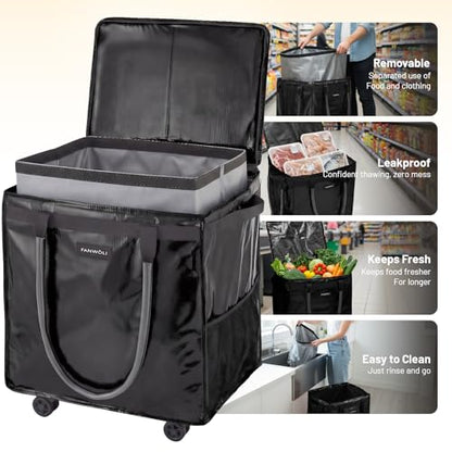 66L Rolling Grocery Bag on Wheels with Washable Leak-Resistant Liner - color: Black - a, size: Medium