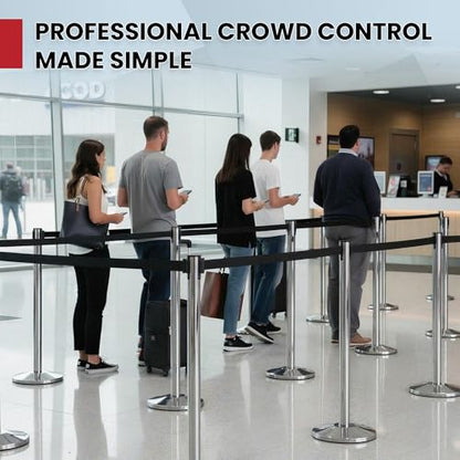 Crowd Control Warehouse Retractable Belt Stanchion Barriers, 2 Pack, 11 Ft - color: Black Belt, Polished Stainless Steel Post