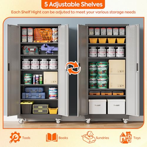 71 in Garage Storage Cabinet with Wheels, Black and Dark Grey - color: Black-dark Gray, size: 16"D x 32"W x 71"H