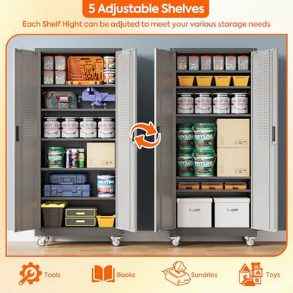 71 in Garage Storage Cabinet with Wheels, Black and Dark Grey - color: Black-dark Gray, size: 16"D x 32"W x 71"H