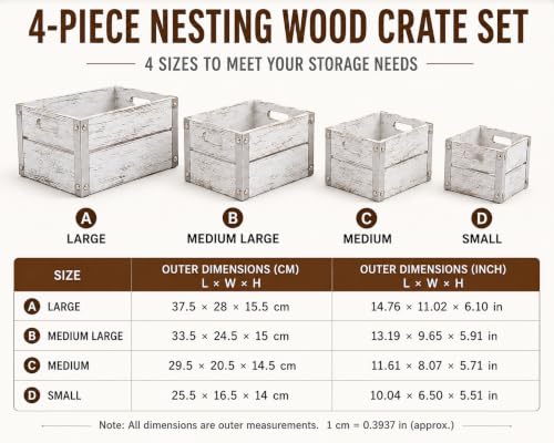 Oojami 4 Pack Distressed White Wood Crates Rustic Nesting Storage Boxes - color: Distressed White
