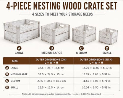 Oojami 4 Pack Distressed White Wood Crates Rustic Nesting Storage Boxes - color: Distressed White